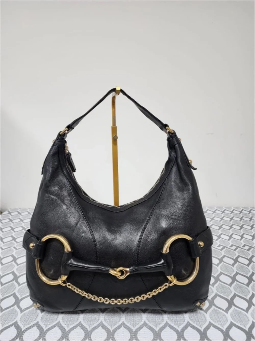 Authentic Gucci Leather Heritage Horsebit Hobo Bag Black